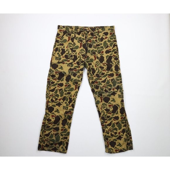 Vintage 70s Mens Large Distressed Frogskin Camouflage Wide Leg Hunting Pants